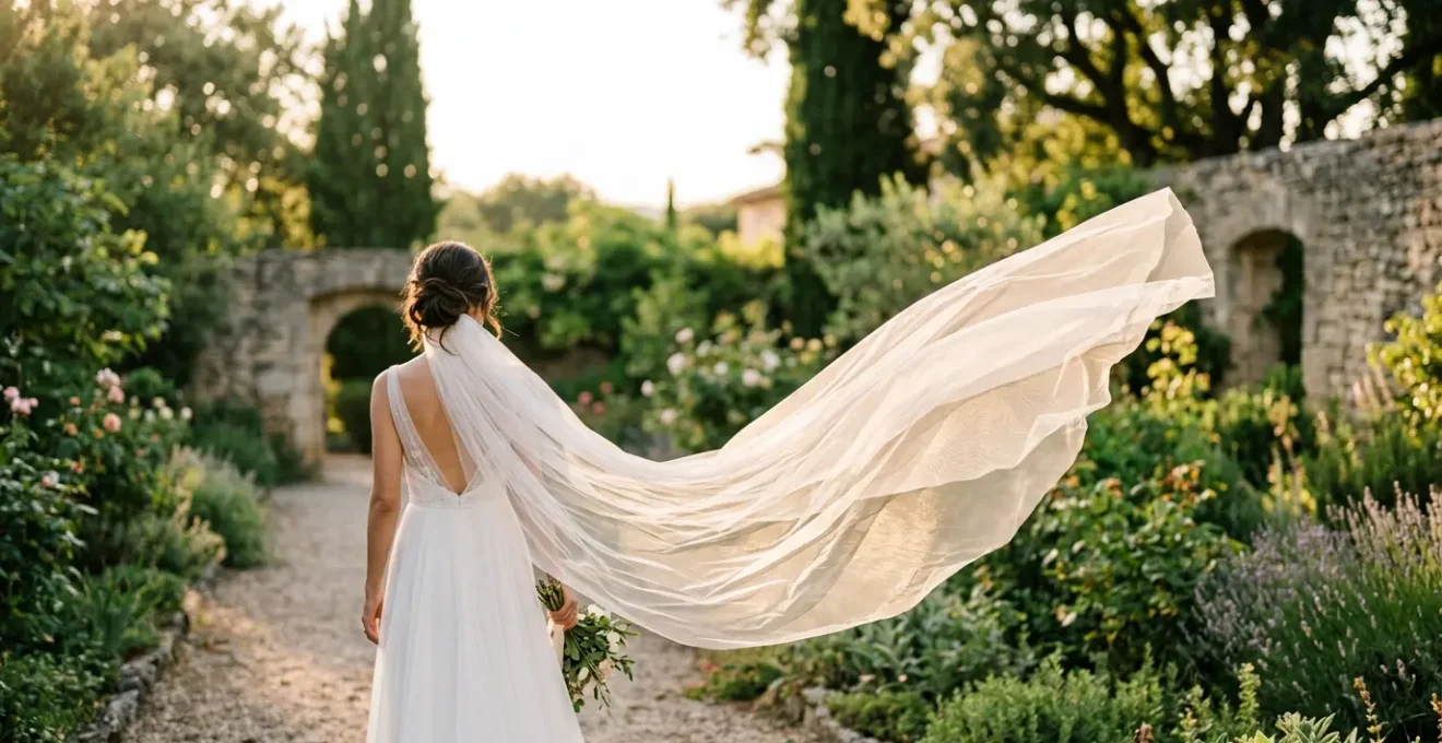 Mariée vue de dos avec un voile cathédrale de 3 mètres flottant au vent dans un jardin romantique