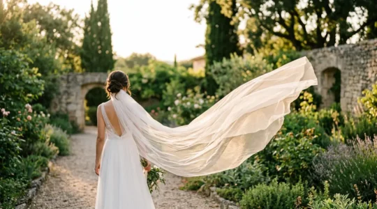Mariée vue de dos avec un voile cathédrale de 3 mètres flottant au vent dans un jardin romantique