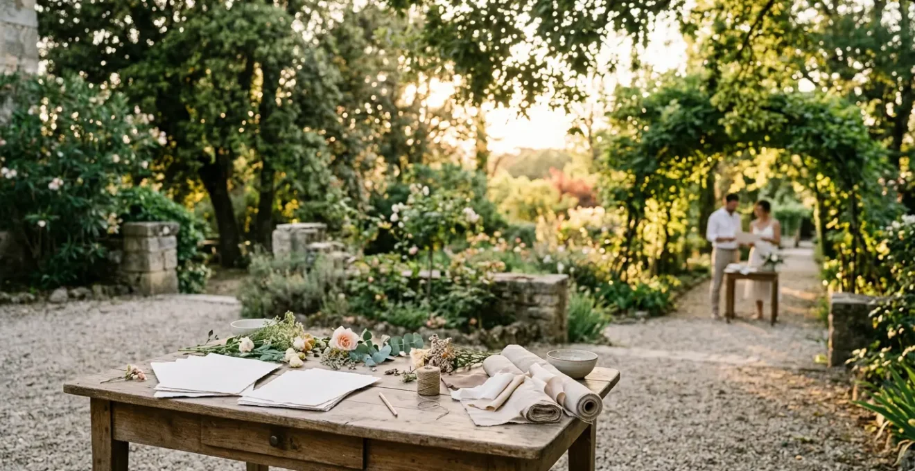 Couple de mariés organisant leur planning de mariage jour J dans un jardin romantique