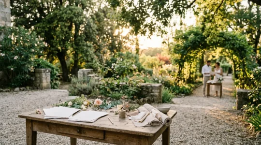 Couple de mariés organisant leur planning de mariage jour J dans un jardin romantique