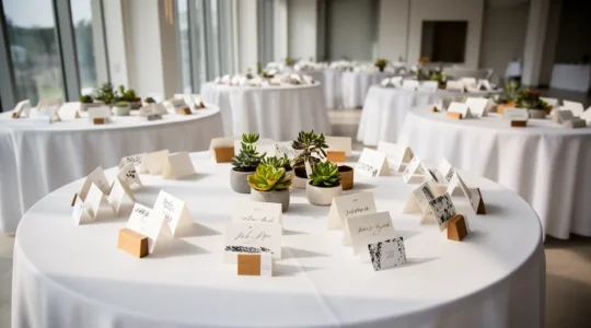 Vue élégante d'une table de mariage avec marque-places sophistiqués et plan de disposition des invités