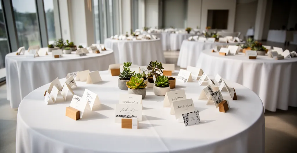 Vue élégante d'une table de mariage avec marque-places sophistiqués et plan de disposition des invités