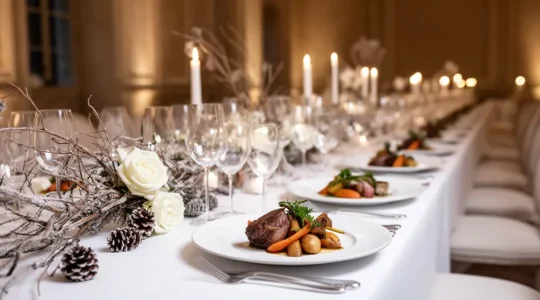 Table de mariage élégante en hiver avec produits de saison et éclairage chaleureux