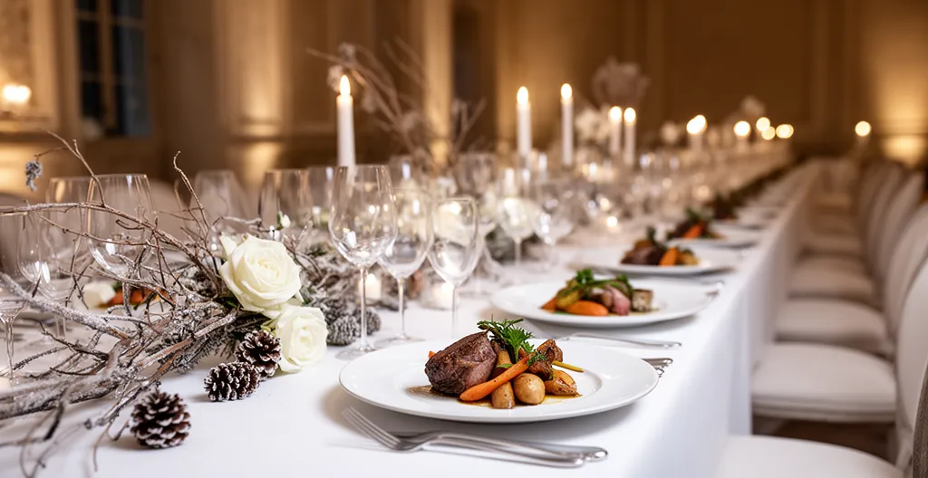 Table de mariage élégante en hiver avec produits de saison et éclairage chaleureux