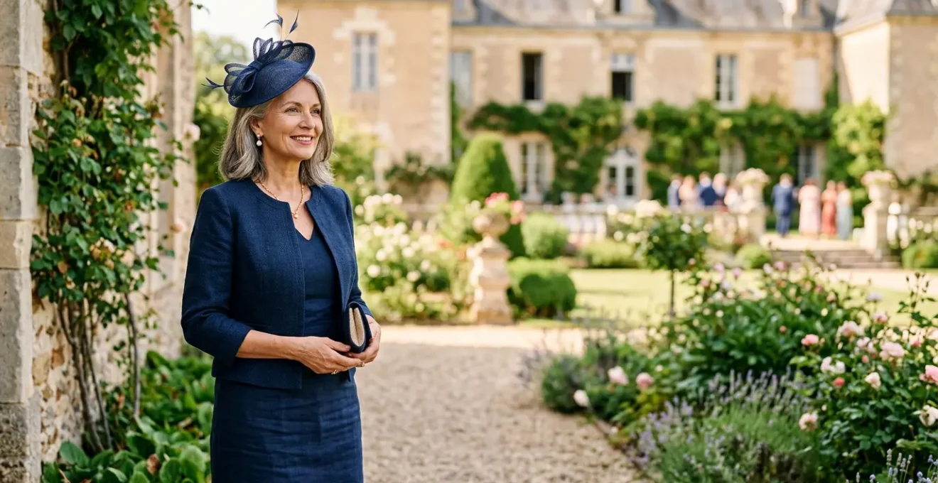 Mère de la mariée élégante avec un chapeau bibi lors d'une cérémonie de mariage