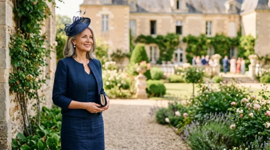 Mère de la mariée élégante avec un chapeau bibi lors d'une cérémonie de mariage