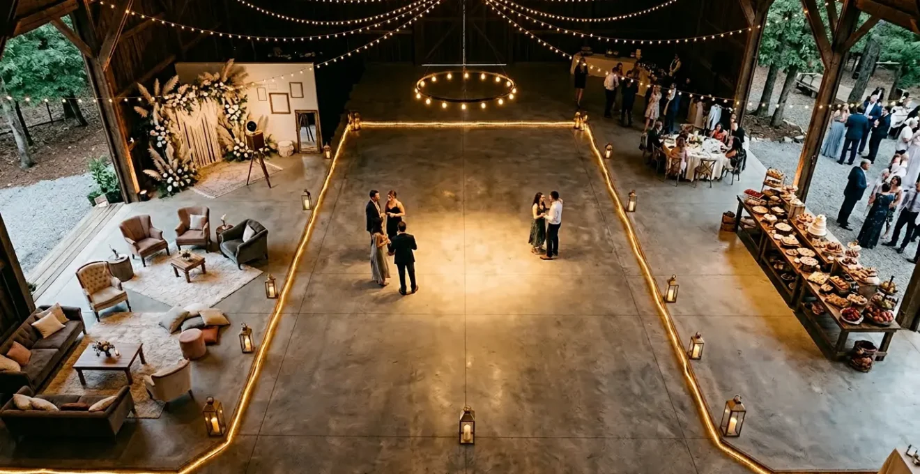 Vue aérienne d'une salle de réception de mariage avec différents espaces thématiques et flux de circulation des invités