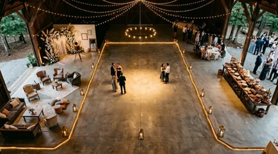 Vue aérienne d'une salle de réception de mariage avec différents espaces thématiques et flux de circulation des invités