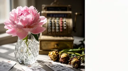 Composition florale luxueuse avec pivoines rosées dans un vase doré avec étiquette de prix élevé en arrière-plan flou