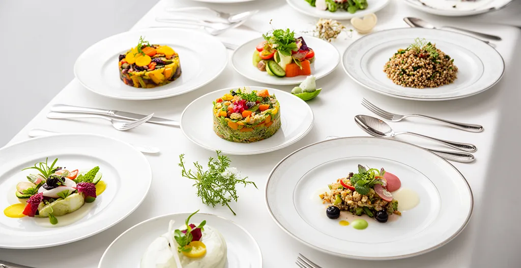Composition élégante de plats végétaux colorés disposés sur une table de mariage avec fleurs et décoration raffinée