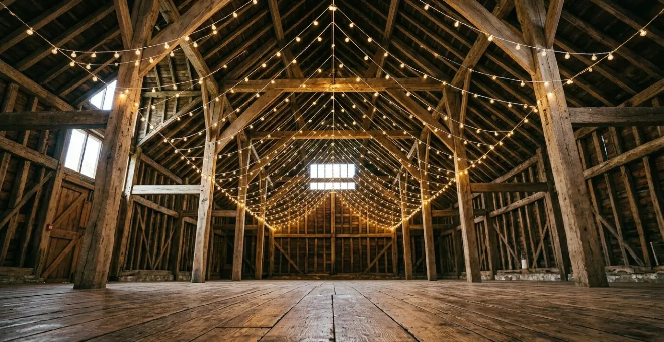 Installation de guirlandes guinguette en quadrillage au plafond d'une salle de mariage rustique