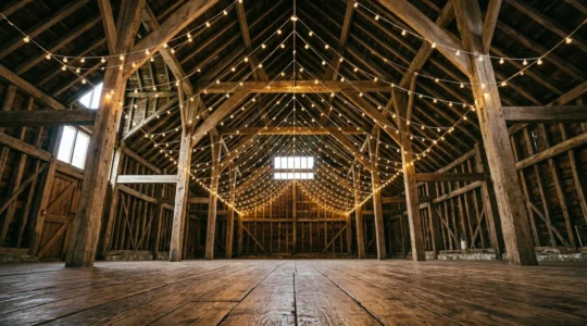 Installation de guirlandes guinguette en quadrillage au plafond d'une salle de mariage rustique