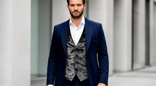 Homme élégant en redingote bleu nuit moderne avec gilet contrasté, silhouette urbaine en arrière-plan