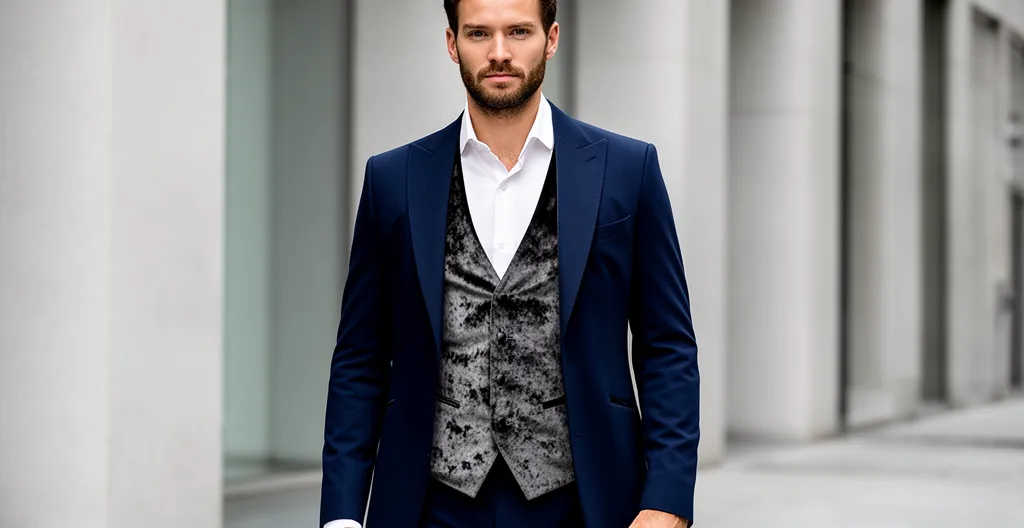 Homme élégant en redingote bleu nuit moderne avec gilet contrasté, silhouette urbaine en arrière-plan