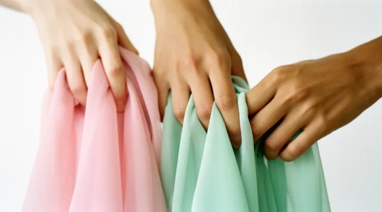 Comparaison de teintes pastel rose poudré et vert d'eau sur différentes carnations pour invitée de mariage