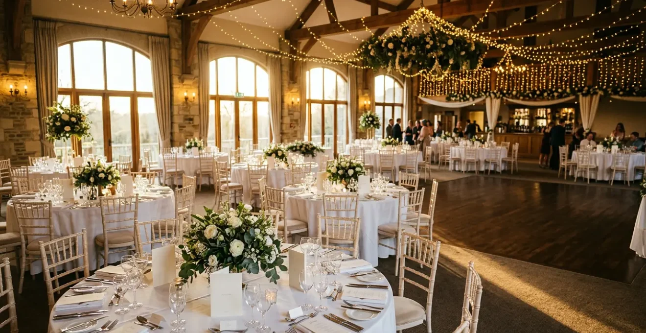 Vue grand angle d'une salle de réception de mariage élégamment aménagée pour 150 personnes avec tables rondes et éclairage chaleureux