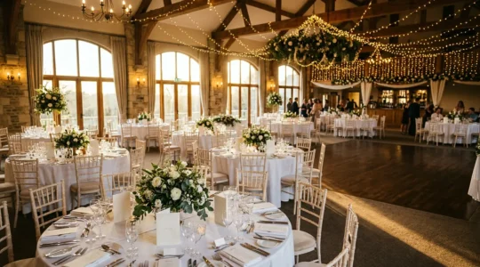 Vue grand angle d'une salle de réception de mariage élégamment aménagée pour 150 personnes avec tables rondes et éclairage chaleureux