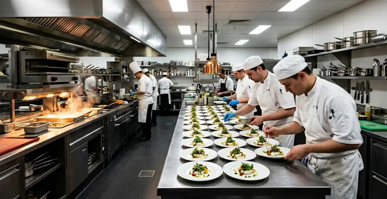 Cuisine professionnelle avec service traiteur préparant un grand nombre de plats pour un événement