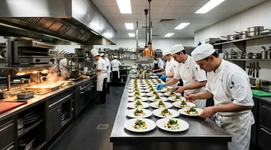 Cuisine professionnelle avec service traiteur préparant un grand nombre de plats pour un événement