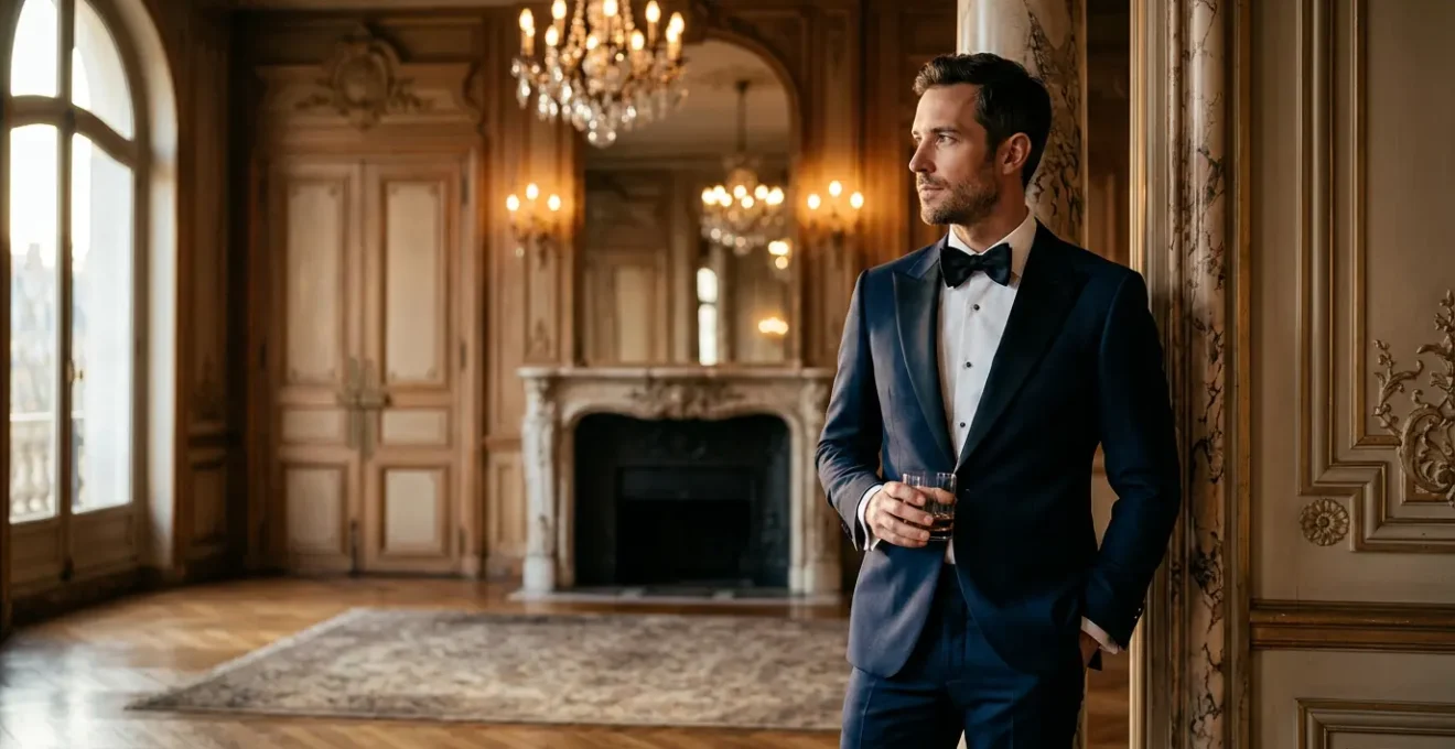 Homme élégant en smoking noir avec nœud papillon dans un hall d'hôtel particulier parisien au crépuscule