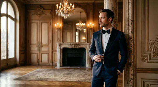 Homme élégant en smoking noir avec nœud papillon dans un hall d'hôtel particulier parisien au crépuscule