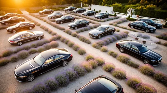 Vue aérienne d'un parking de mariage avec voitures alignées et espaces de circulation fluides
