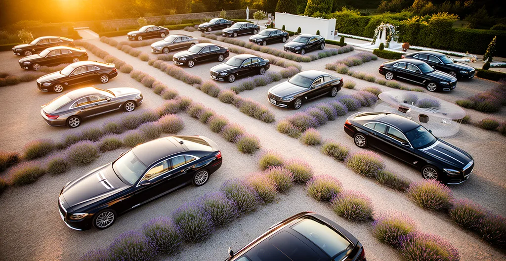 Vue aérienne d'un parking de mariage avec voitures alignées et espaces de circulation fluides