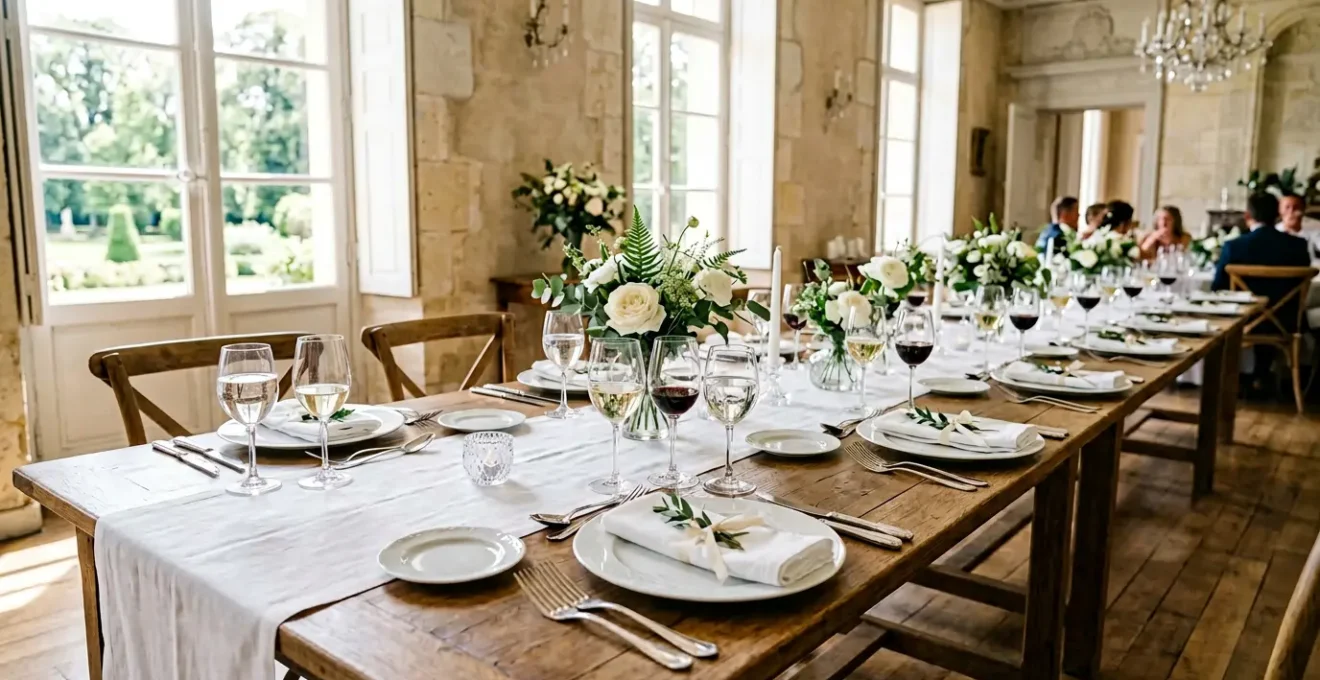 Table de mariage dressée à la française avec vaisselle élégante et disposition raffinée