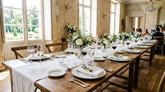Table de mariage dressée à la française avec vaisselle élégante et disposition raffinée