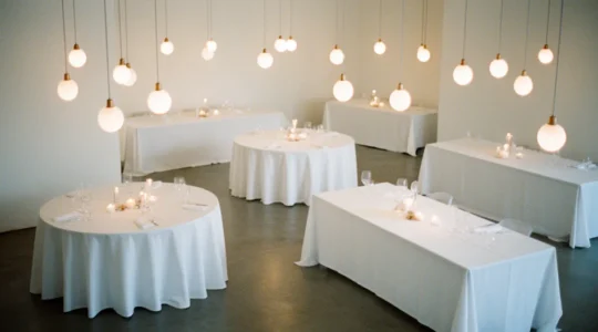 Vue aérienne d'une salle de mariage avec différentes configurations de tables rondes et rectangulaires