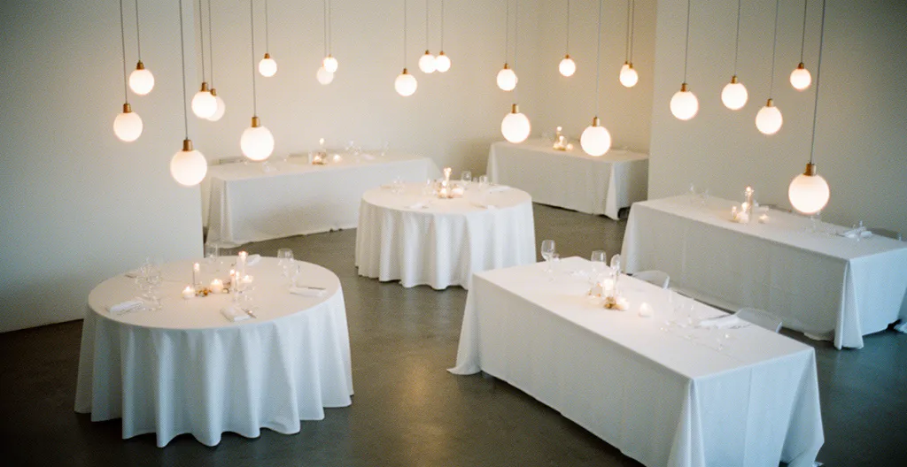 Vue aérienne d'une salle de mariage avec différentes configurations de tables rondes et rectangulaires