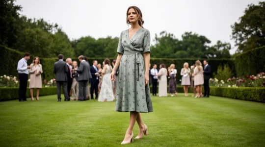 Femme élégante portant une robe de cocktail midi colorée dans un jardin de réception de mariage