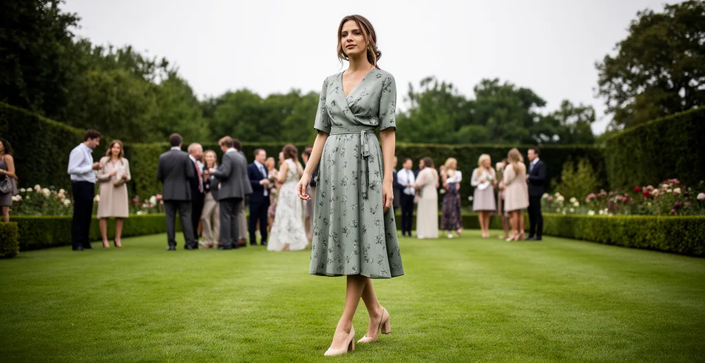 Femme élégante portant une robe de cocktail midi colorée dans un jardin de réception de mariage