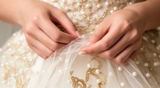 Mains délicates de mariée manipulant un tulle brodé avec des fils dorés et des perles nacrées