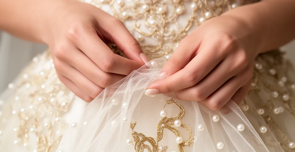 Mains délicates de mariée manipulant un tulle brodé avec des fils dorés et des perles nacrées