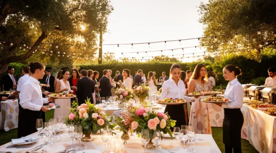 Réception de vin d'honneur en plein air avec invités élégants et buffets de pièces cocktail
