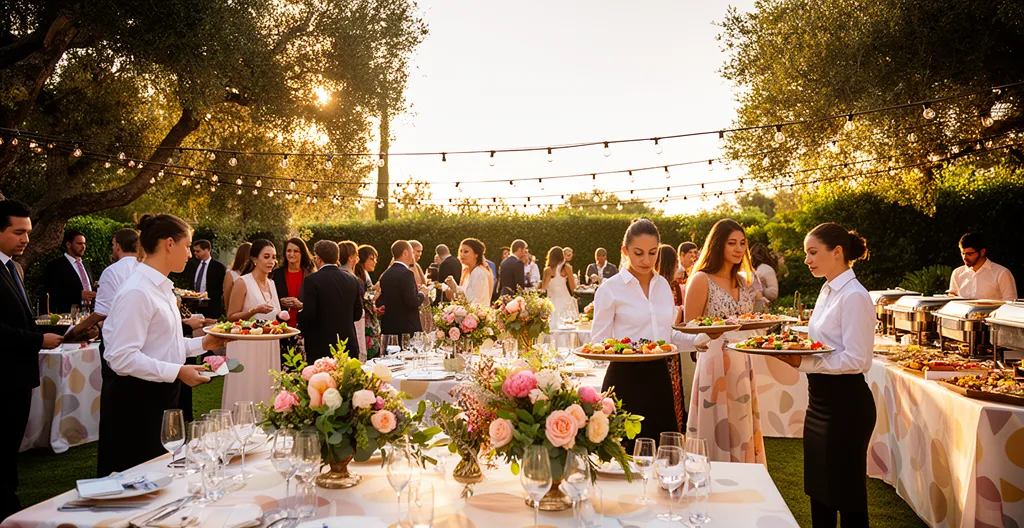 Réception de vin d'honneur en plein air avec invités élégants et buffets de pièces cocktail