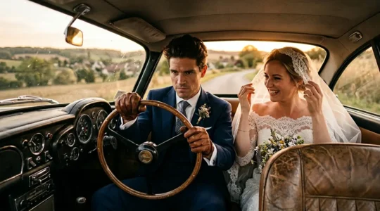 Couple de mariés dans une voiture de collection vintage avec volant en bois