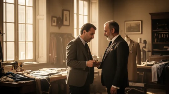 Tailleur prenant les mesures précises d'un homme dans un atelier traditionnel de couture