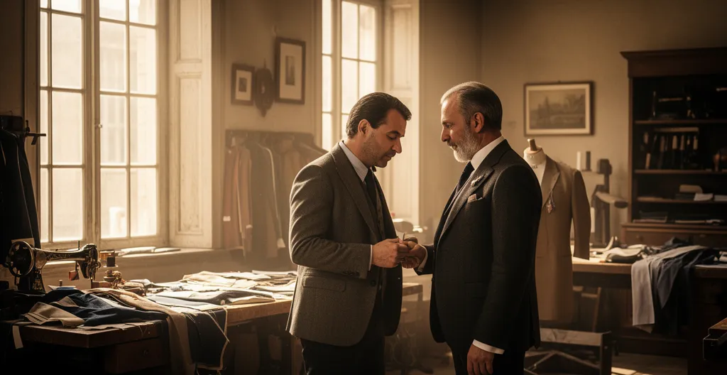 Tailleur prenant les mesures précises d'un homme dans un atelier traditionnel de couture