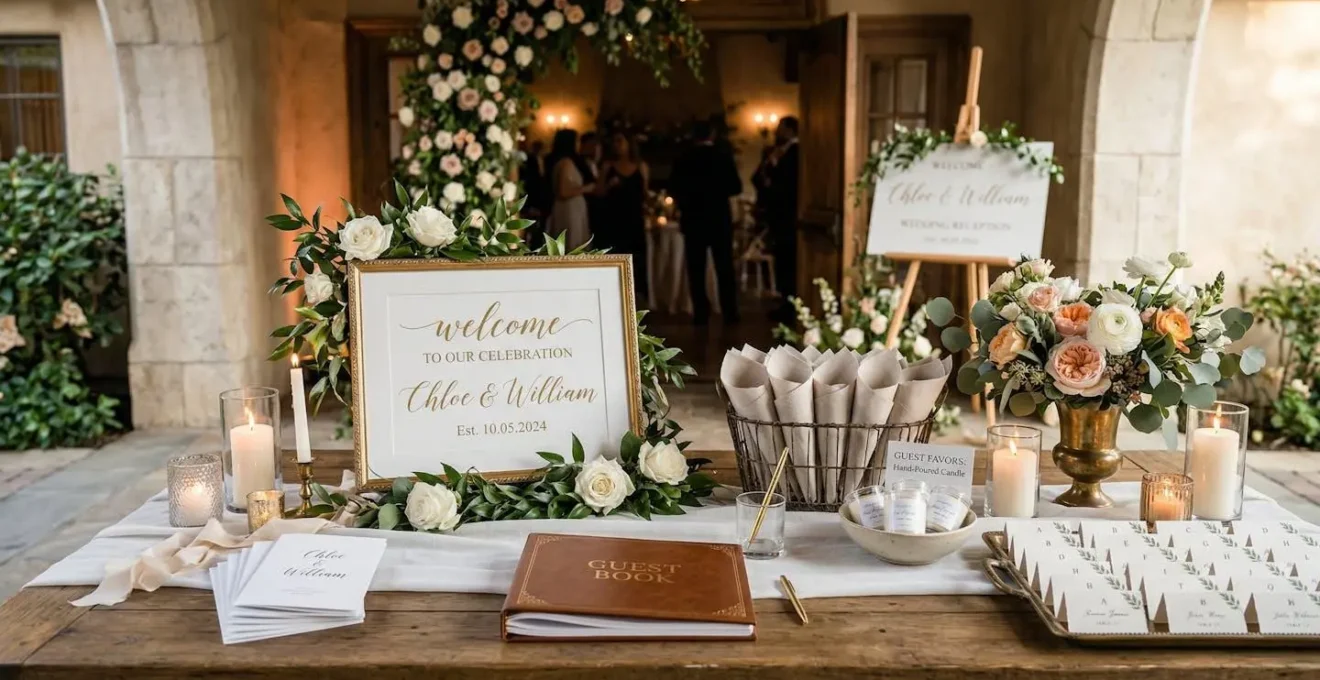 Table d'accessoires élégants à l'entrée d'une réception de mariage