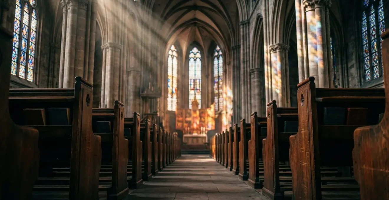 Vue en perspective d'une allée d'église avec éclairage naturel