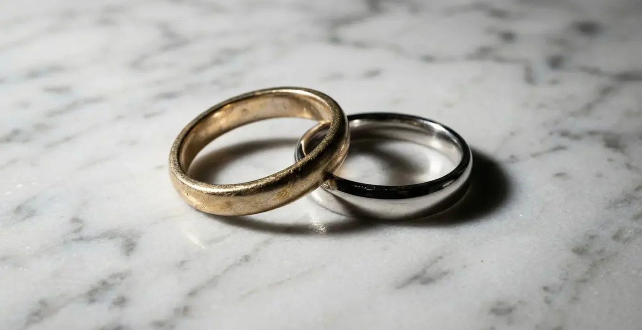 Alliance en or blanc comme métaphore de l'amour durable dans un décor minimaliste