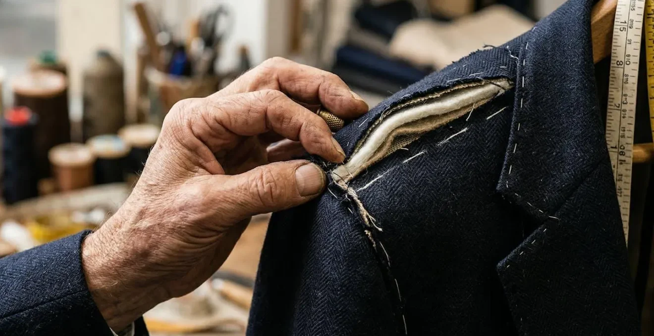 Vue de profil d'un tailleur ajustant l'épaule d'une veste sur-mesure en cours de création