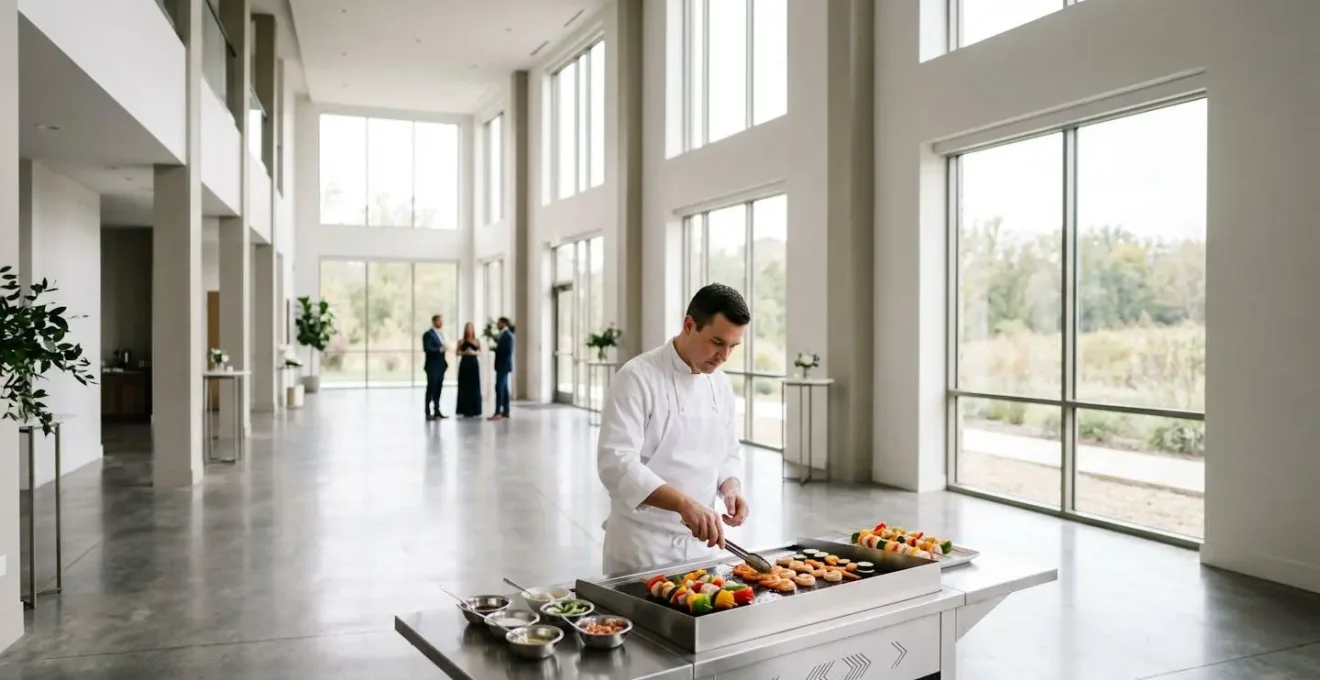 Chef préparant des brochettes colorées sur une plancha électrique moderne dans une salle de réception élégante