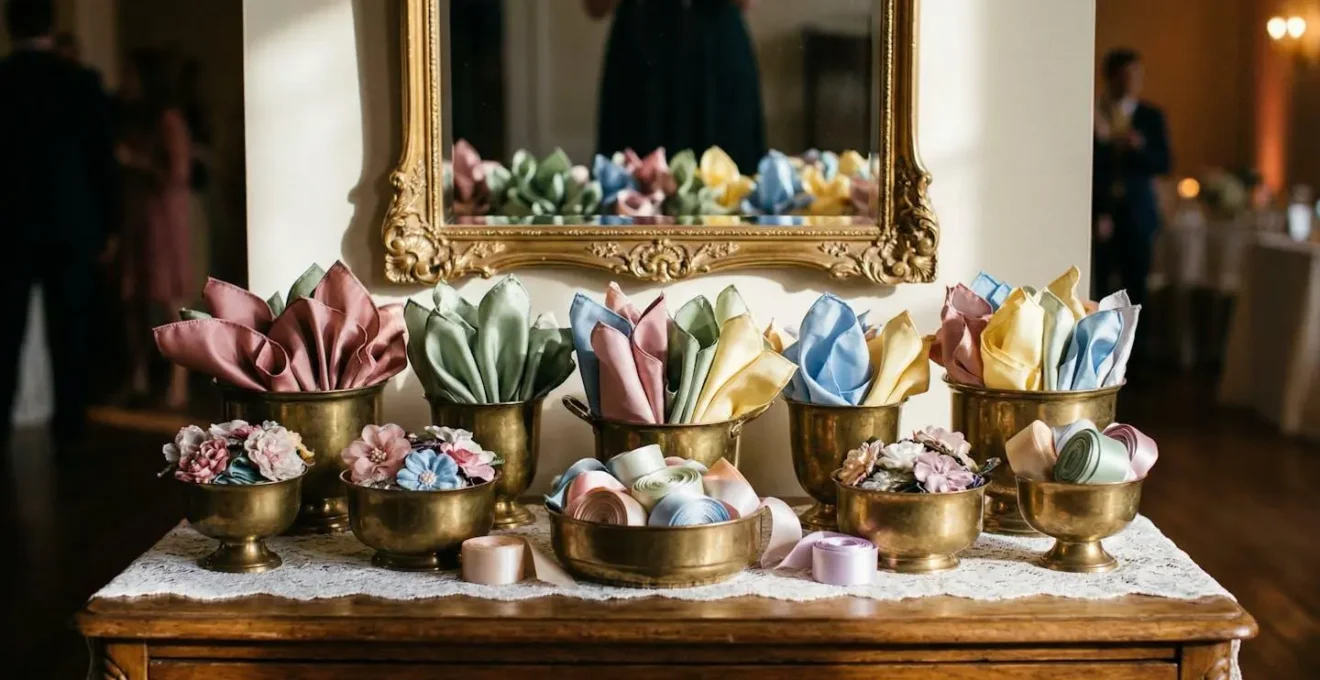 Bar à accessoires élégant avec miroir et contenants variés pour les invités