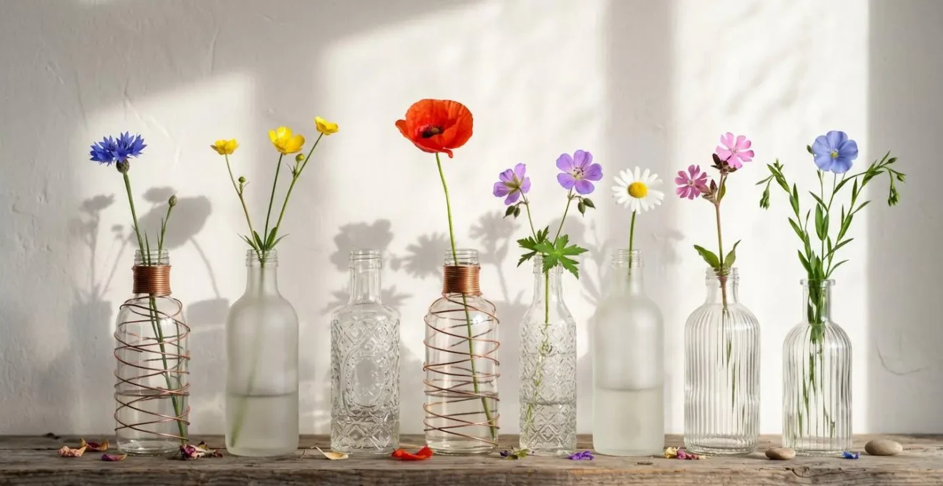 Collection de bocaux en verre transformés en vases sophistiqués avec finitions métalliques