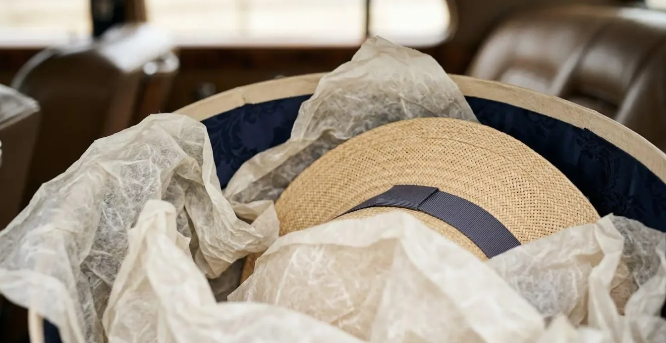 Boîte à chapeau élégante positionnée sur un siège de voiture avec protection