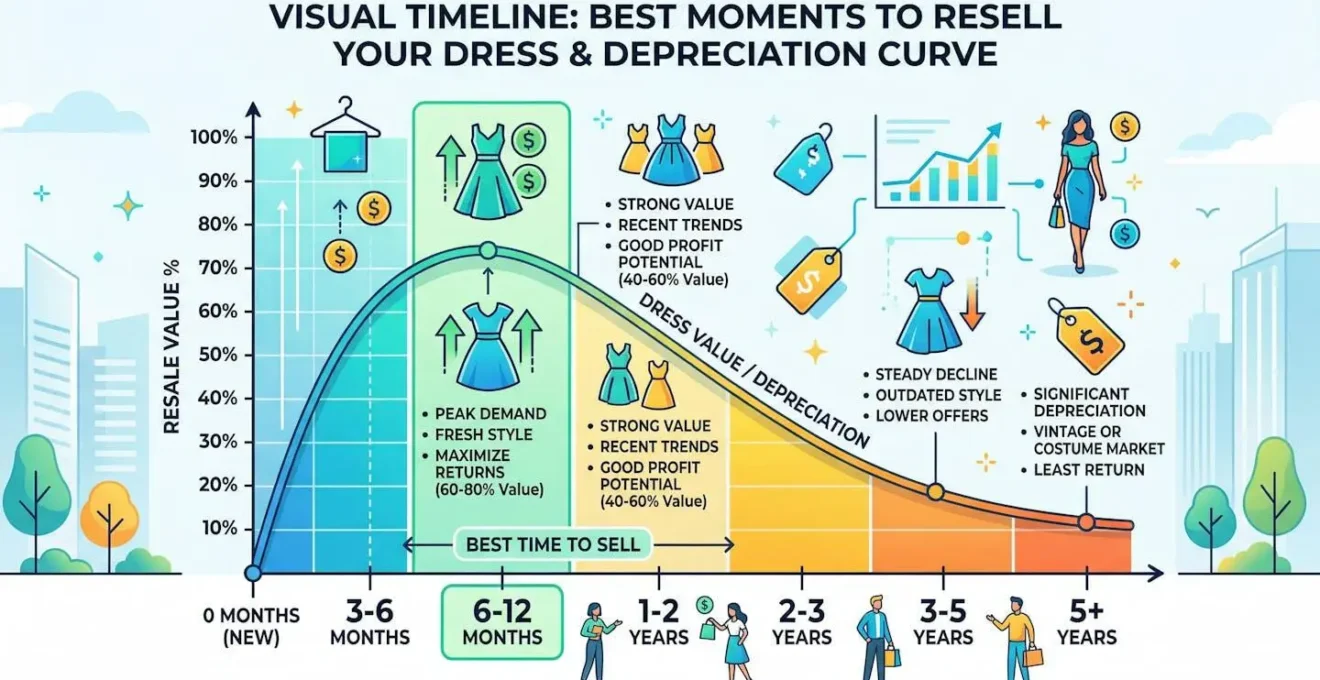 Timeline visuel montrant les meilleurs moments pour revendre sa robe avec courbe de dépréciation