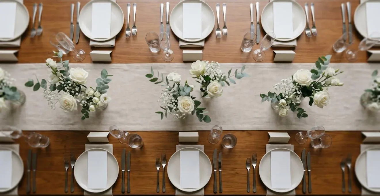 Vue aérienne d'une table de mariage élégante avec centres de table floraux délicats sans lys